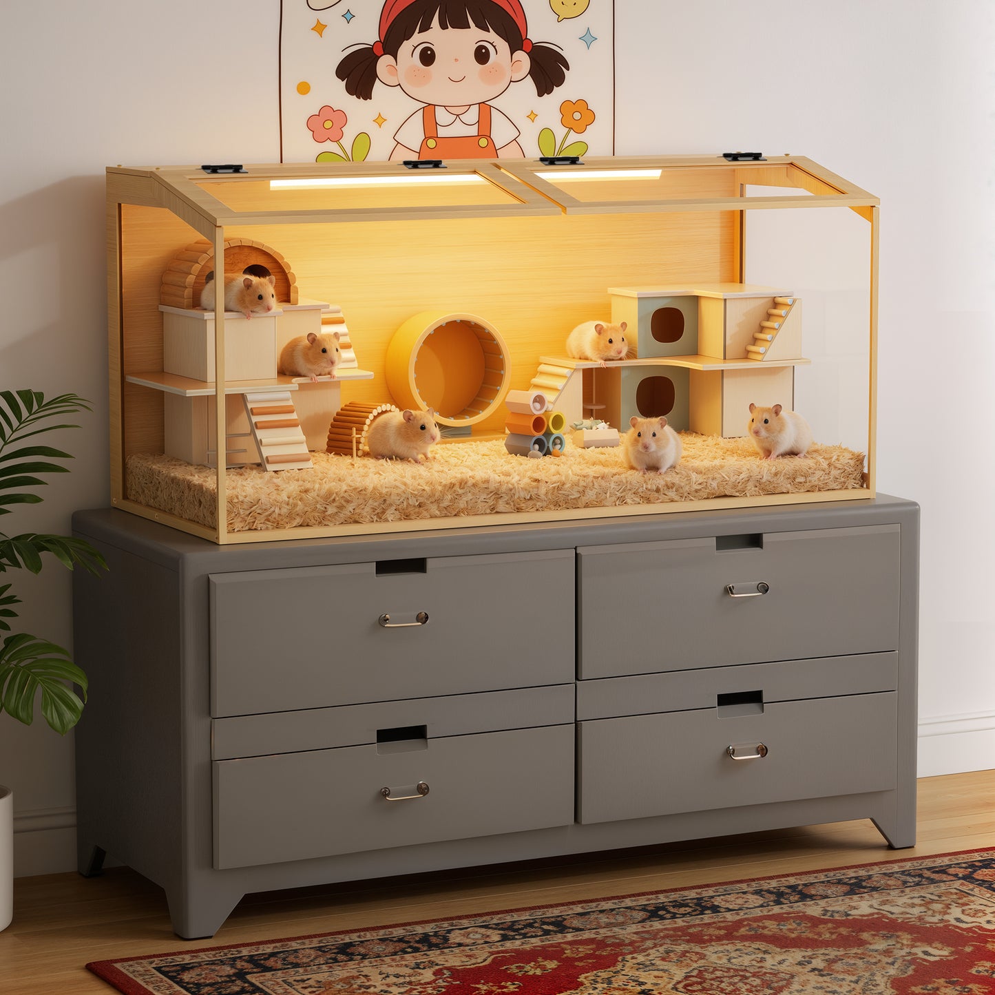 Tempered Glass Hamster Cage with LED Light, 40" Clear Small Animal Enclosure, Modern Wood Frame, Scratch Resistant, Deep Base for Burrowing
