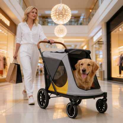Dog Stroller for Medium Dogs up to 42kg, One Click Folding Pet Stroller with Zipper Door, Breathable Mesh, EVA 360° Wheels, Storage Bag, Brak