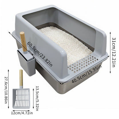 Stainless Steel Cat Litter Box High Sided Open Tray with Litter Mat for Kittens