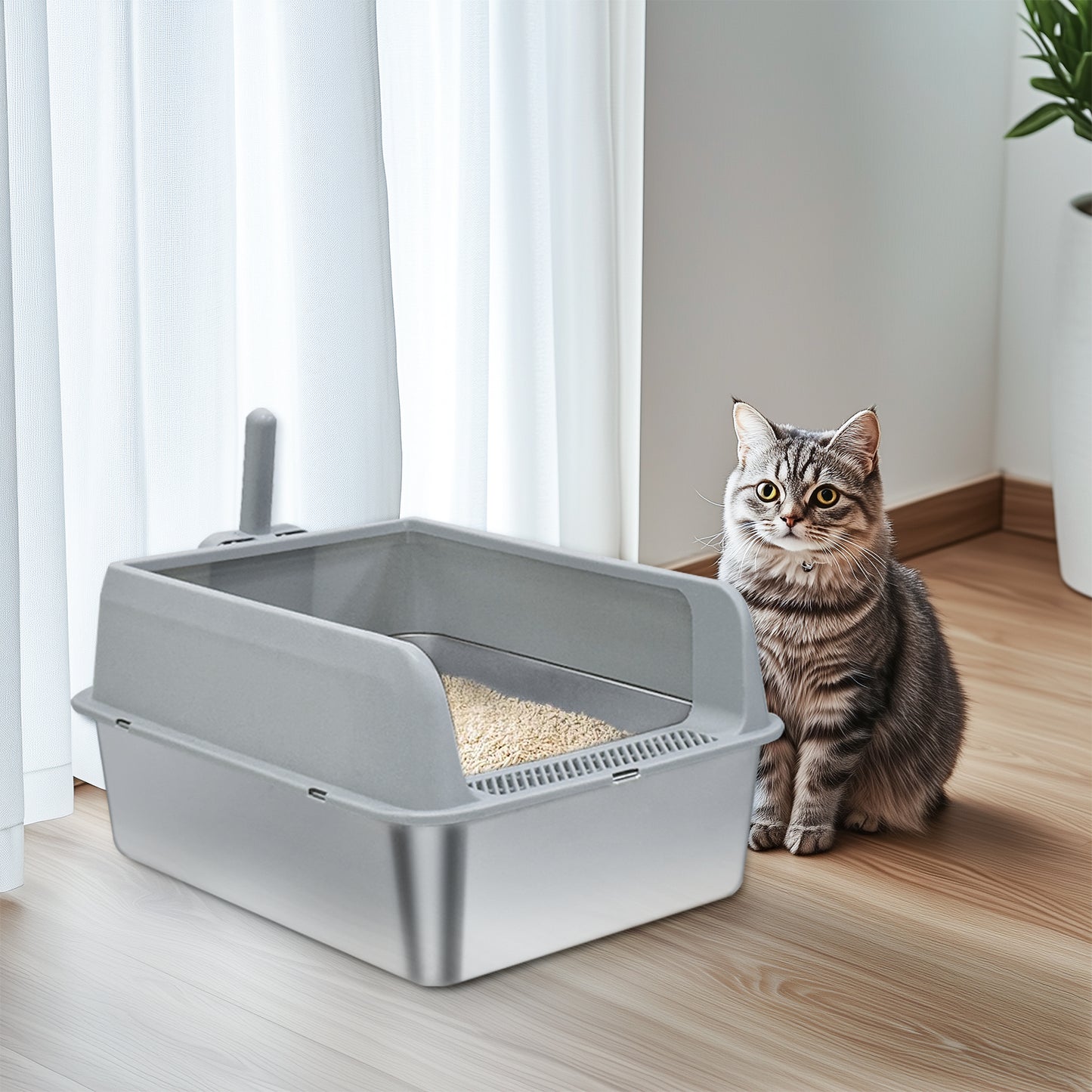 Stainless Steel Cat Litter Box High Sided Pan with Spoon for Cats, Easy to Clean