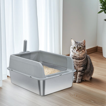 Stainless Steel Cat Litter Box High Sided Pan with Spoon for Cats, Easy to Clean