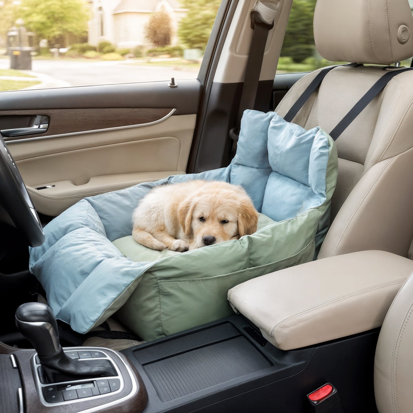 Puppy Travel Carrier Bed: Dog Booster Car Seat Pet Travel Carrier Bed with Safety Belt, Storage Pocket for Vehicles, Shoulder Strap/ Handle