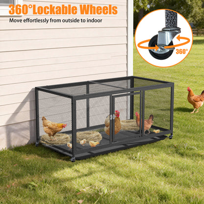 Metal Chicken Cage with Wheels, Elevated Indoor Chicken Cage, Heavy Duty Movable Iron Chicken Coop for Balcony, Patio, Small Pet Chickens and Quail
