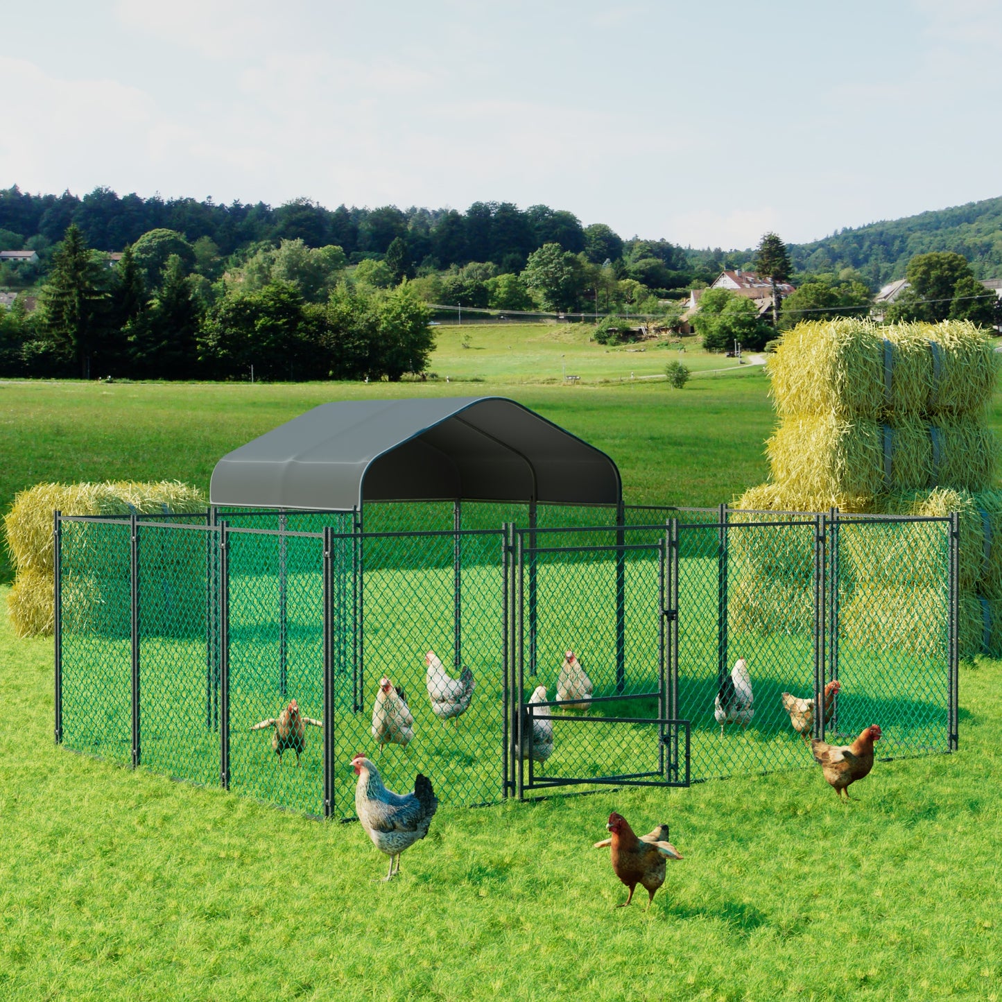 Walk-in Poultry Chicken Coop,Duck Goose Fence with Waterproof and UV Cover,Large Metal Hen House for Outdoor,Farm 12.9x10.2x5.1ft