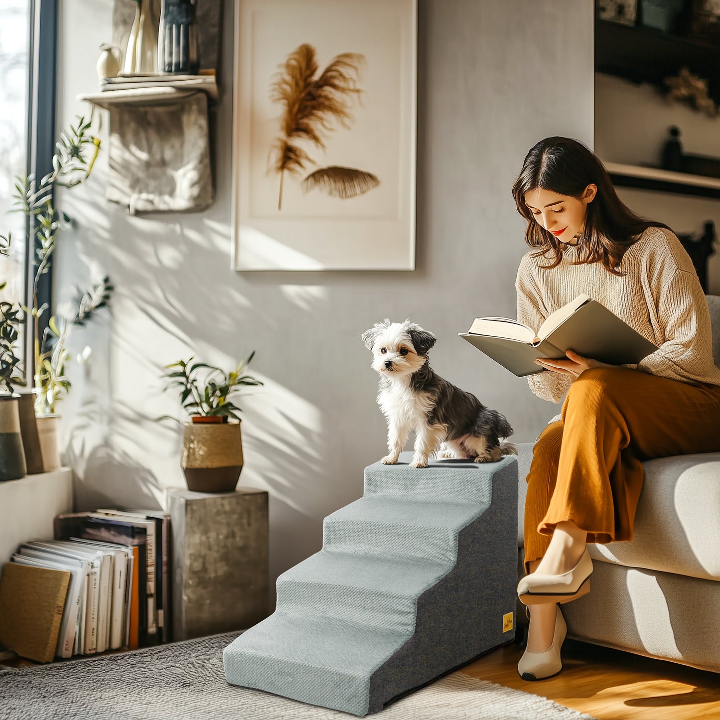 Sponge Dog Stairs for Bed & Sofa, 4 Step Dog Stairs, Dog Bed Steps for High Places, Non-Slip Gray Pet Stairs for Small Dogs