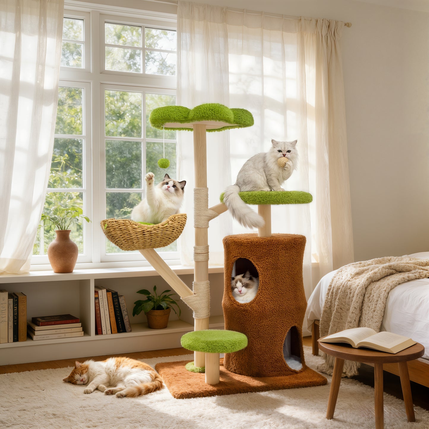 Multi-Level Cat Tower: 55.91-Inch Tall Cat Tower for Indoor Cat, Kitten Play Center with Scratching Posts, Top Perches, Hideaways, Vivid Green