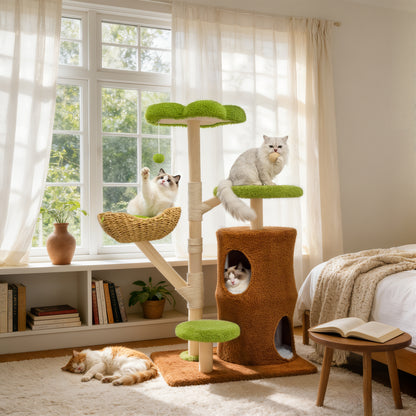 Multi-Level Cat Tower: 55.91-Inch Tall Cat Tower for Indoor Cat, Kitten Play Center with Scratching Posts, Top Perches, Hideaways, Vivid Green