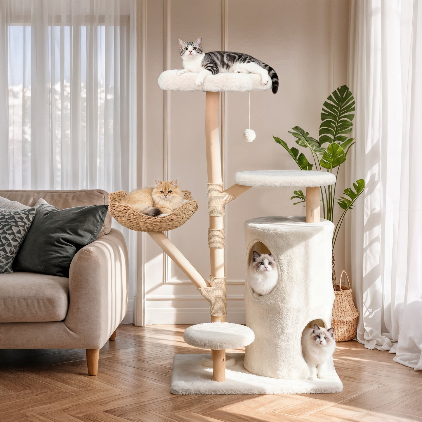 2025 NEW 56 Inches Modern Cat Tree Tower with Basket and Perch, Cat Furniture for Big Cats