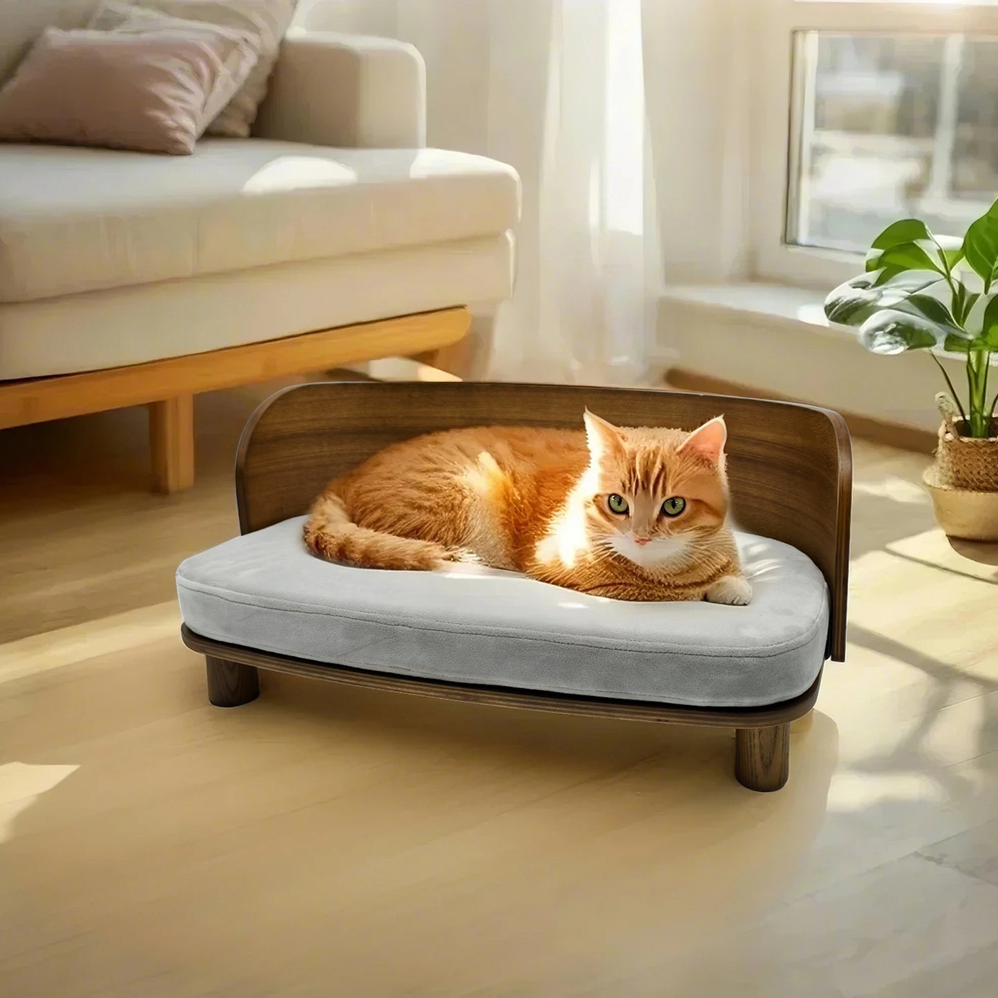 Wooden Cat Furniture Elevated Pet Stool Bed with Cozy Pad for Indoor Animals