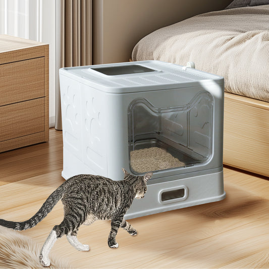 Stainless Steel Cat Litter Box w/ Scoop Enclosed Drawer Litter Box Odorless Gray