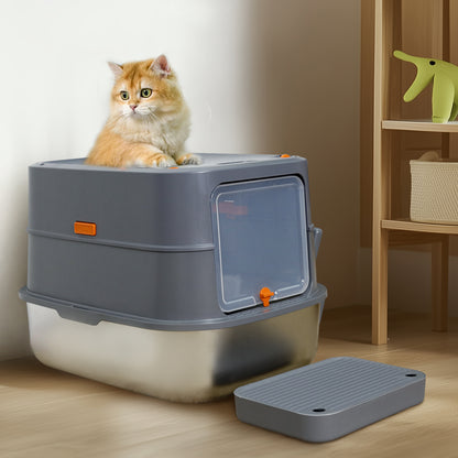Cat Litter Box: Enclosed Cat Kitty Litter Box with Stainless Steel Tray Pan, Front Top Exit Toilet Boxes with Removable Lid, Non Stick, No Smell, Scoop Included