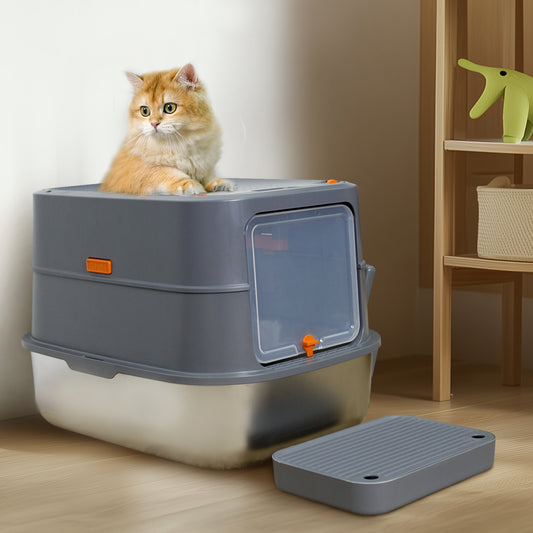 Cat Litter Box: Enclosed Cat Kitty Litter Box with Stainless Steel Tray Pan, Front Top Exit Toilet Boxes with Removable Lid, Non Stick, No Smell, Scoop Included