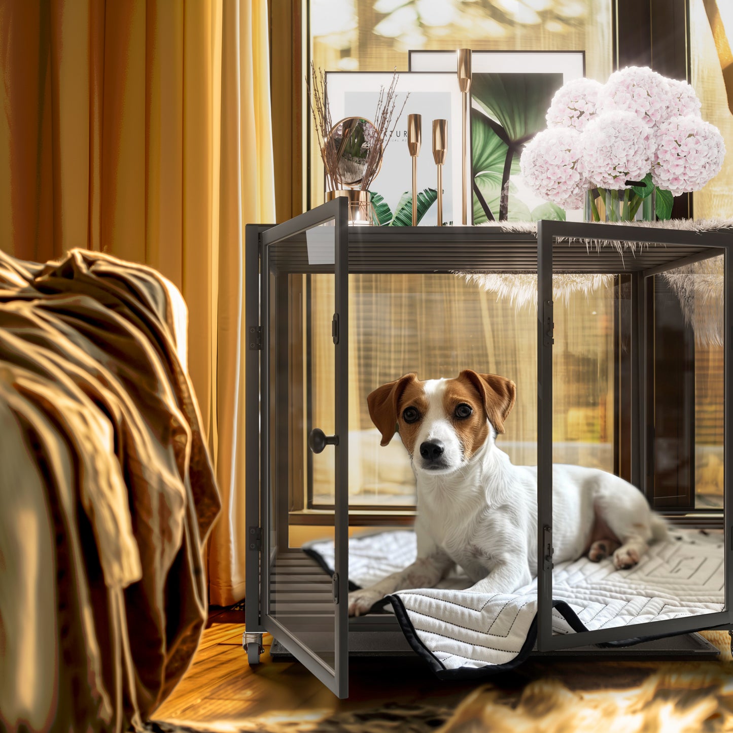 Self-Innovative Dog Cage: Bingopaw First Tempered Glass Dog Pet Cage Dog Kennel  Aluminum Frame with Dual Doors and Removable Tray, for Medium to Large Dogs