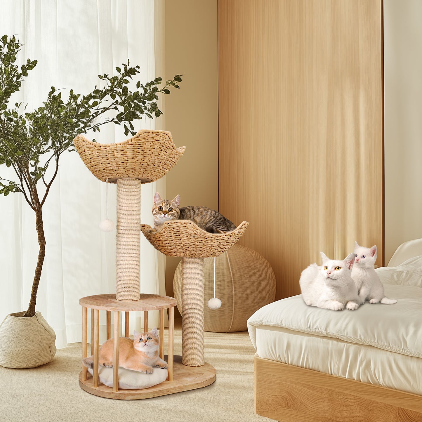 Cat Tower Tree: 3-tier Cat Tree Activity Tower Condo Furniture with Plush Cushion Cozy Rest Dangling Ball Sisal Scratching Post for Indoor Cats