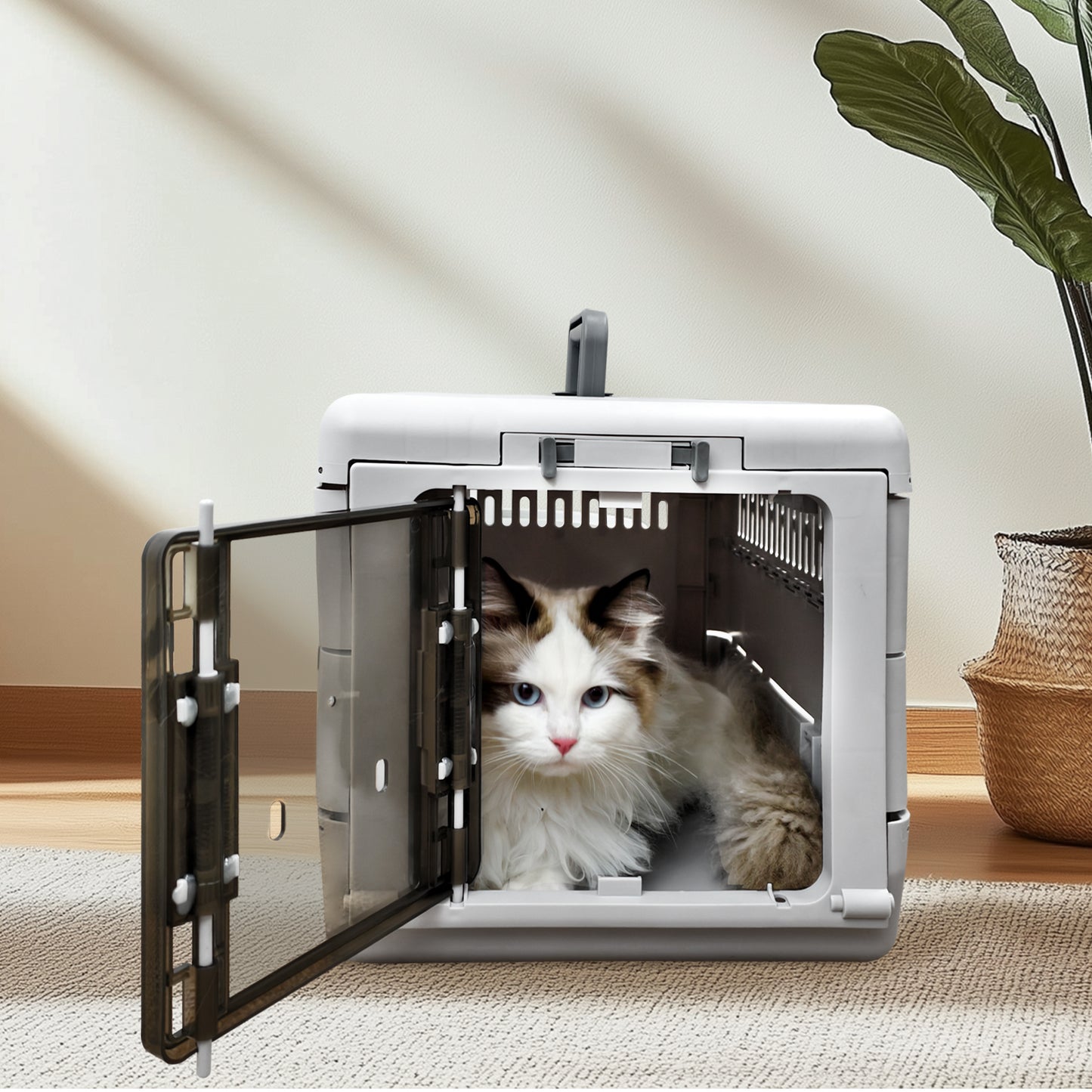Portable Plastic Cat Kitten Travel Carrier Pet Carry Crate Collapsible Design
