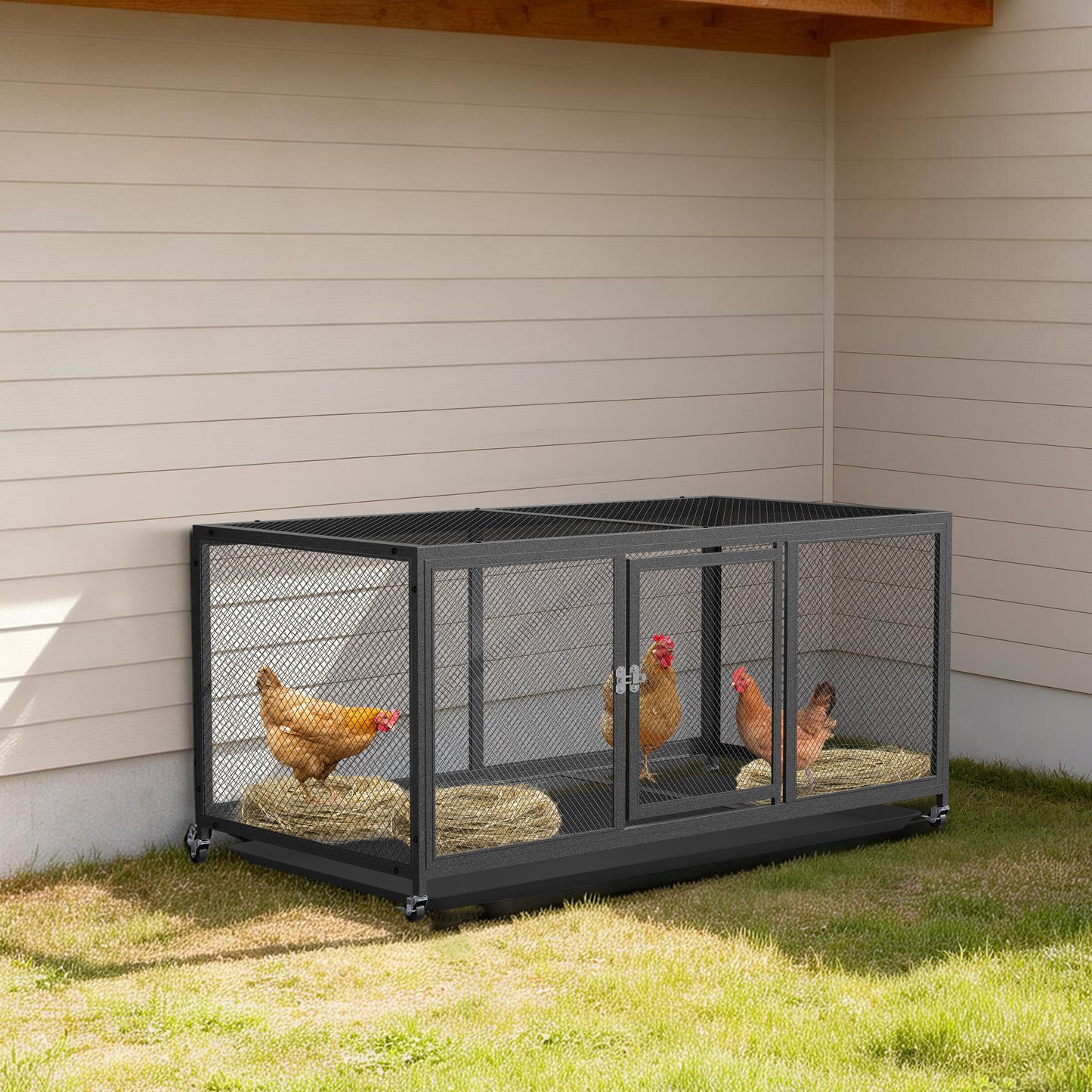 Metal Chicken Cage with Wheels, Elevated Indoor Chicken Cage, Heavy Duty Movable Iron Chicken Coop for Balcony, Patio, Small Pet Chickens and Quail