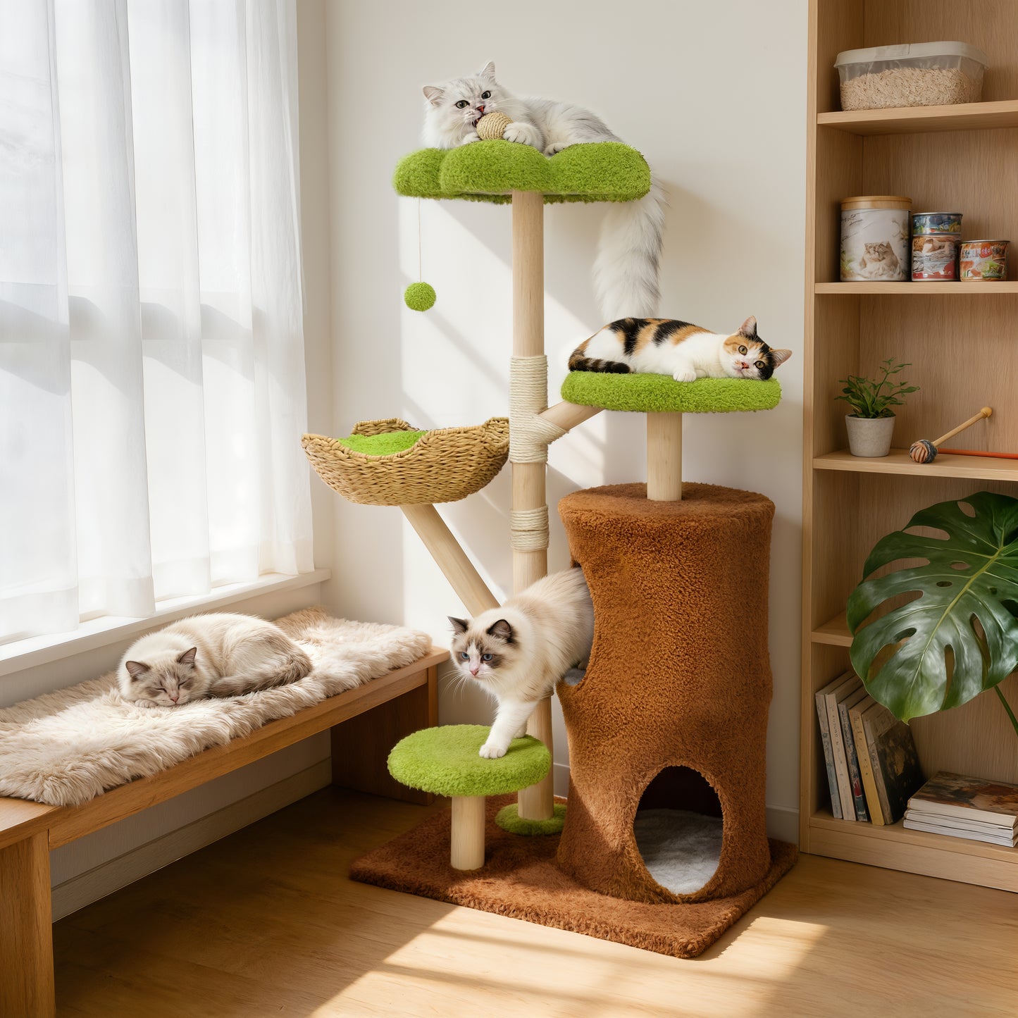 Multi-Level Cat Tower: 55.91-Inch Tall Cat Tower for Indoor Cat, Kitten Play Center with Scratching Posts, Top Perches, Hideaways, Vivid Green
