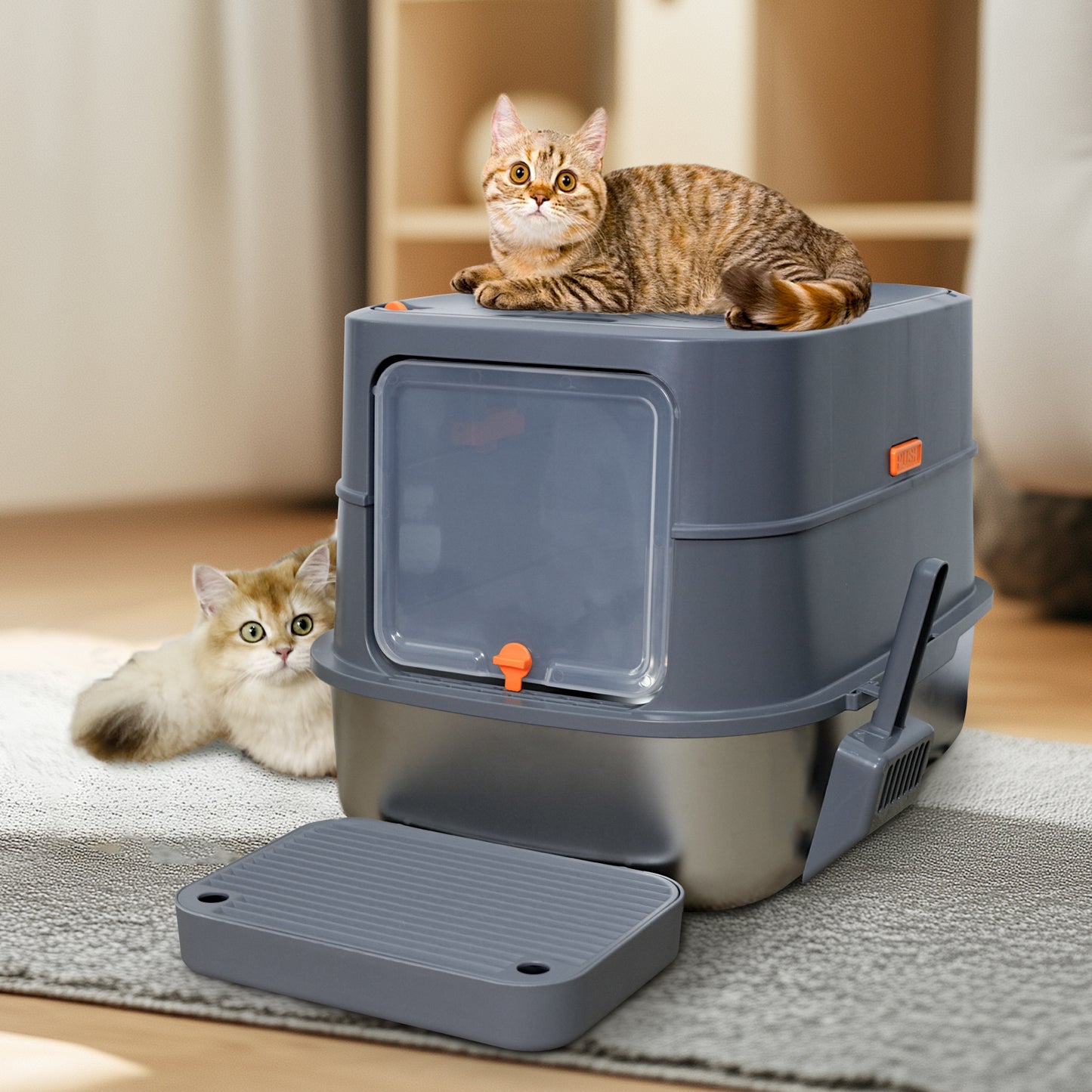 Cat Litter Box: Enclosed Cat Kitty Litter Box with Stainless Steel Tray Pan, Front Top Exit Toilet Boxes with Removable Lid, Non Stick, No Smell, Scoop Included