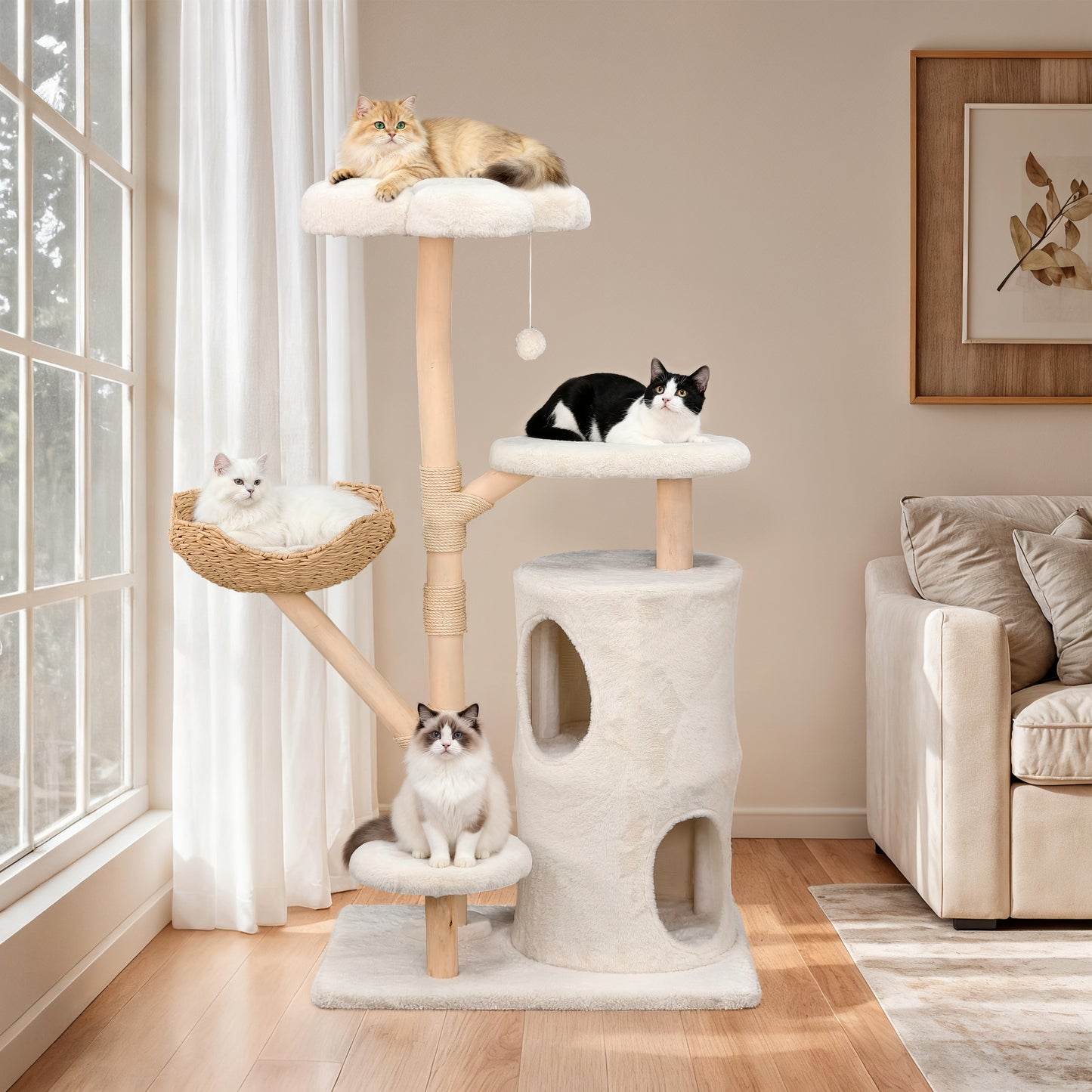 2025 NEW 56 Inches Modern Cat Tree Tower with Basket and Perch, Cat Furniture for Big Cats
