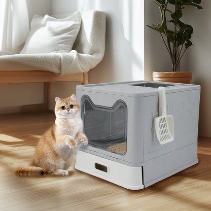 Stainless Steel Cat Litter Box w/ Scoop Enclosed Drawer Litter Box Odorless Gray