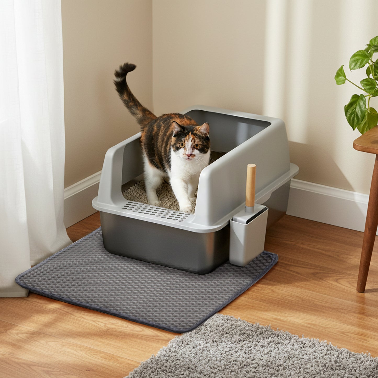 Stainless Steel Cat Litter Box High Sided Open Tray with Litter Mat for Kittens