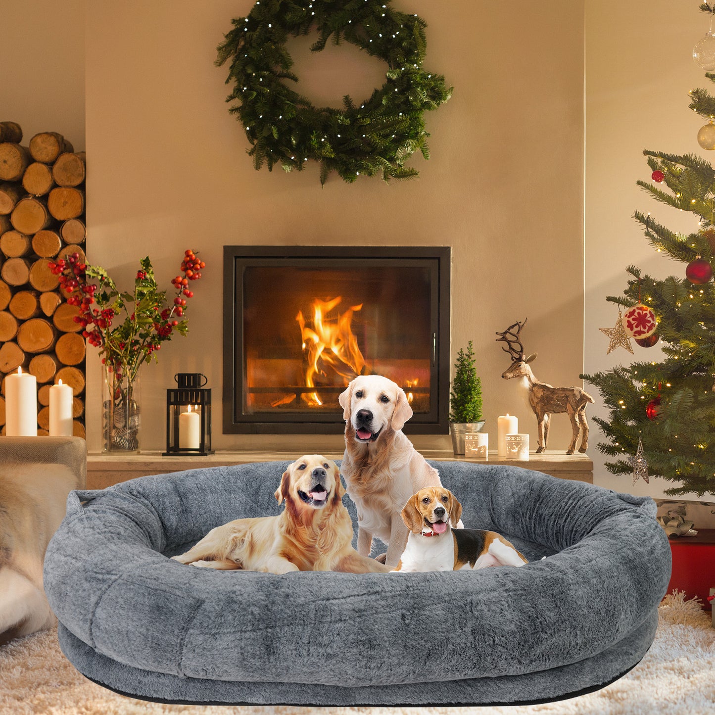 Giant Oval Dog Bed Extra Large Dog Bed for You and Pets Warm Sleeping Bed Grey