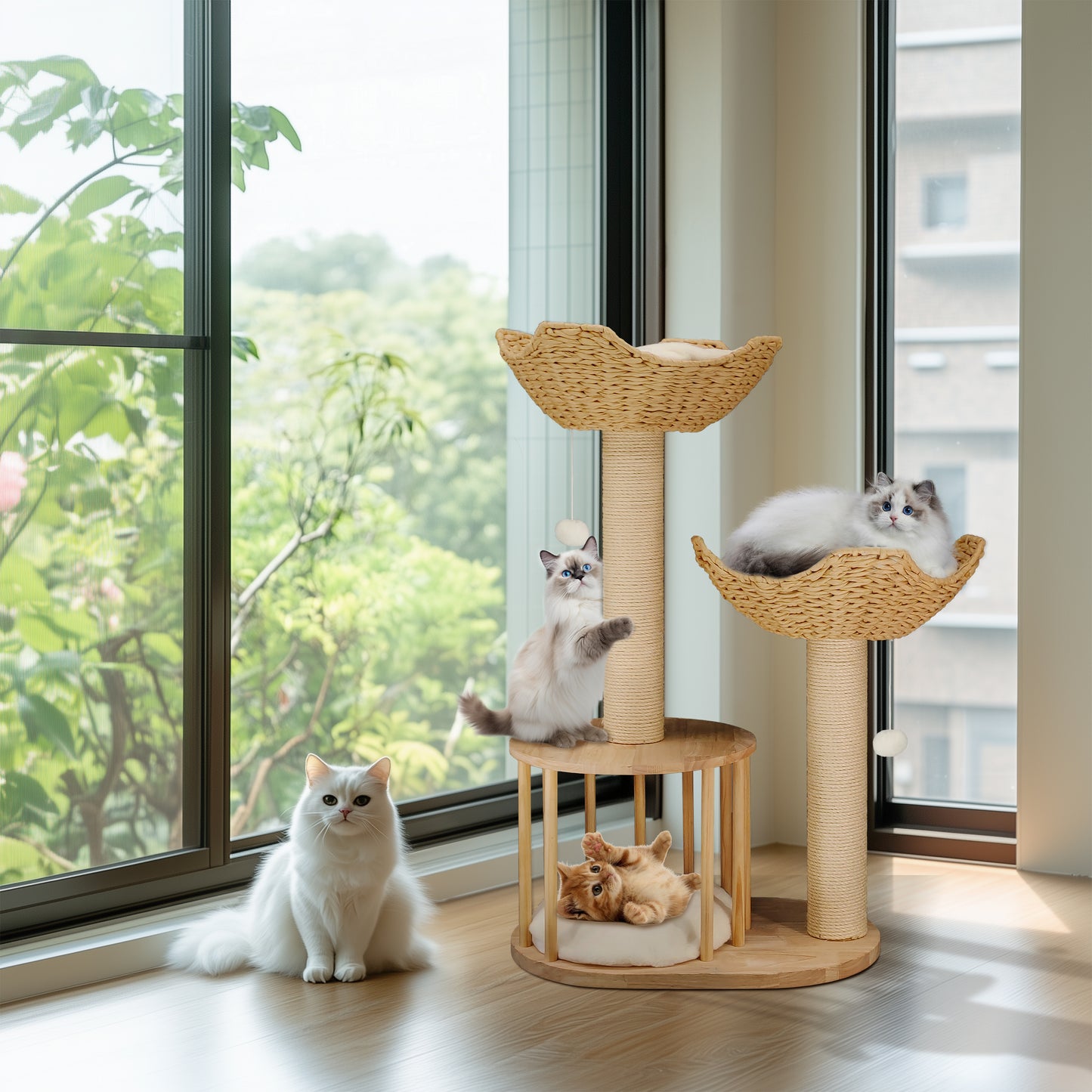 Cat Tower Tree: 3-tier Cat Tree Activity Tower Condo Furniture with Plush Cushion Cozy Rest Dangling Ball Sisal Scratching Post for Indoor Cats