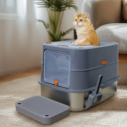 Cat Litter Box: Enclosed Cat Kitty Litter Box with Stainless Steel Tray Pan, Front Top Exit Toilet Boxes with Removable Lid, Non Stick, No Smell, Scoop Included