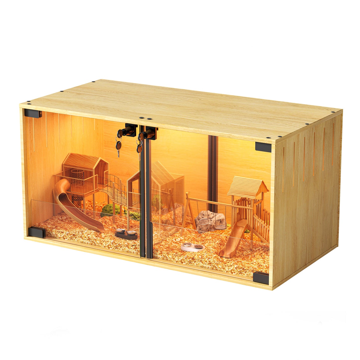 Wooden Pet Cage: Natural Wooden Hamster Guinea Pigs Cage Hedgehogs Enclosure with Tempered Glass Panels, Built-in LED Light, for Small Pets
