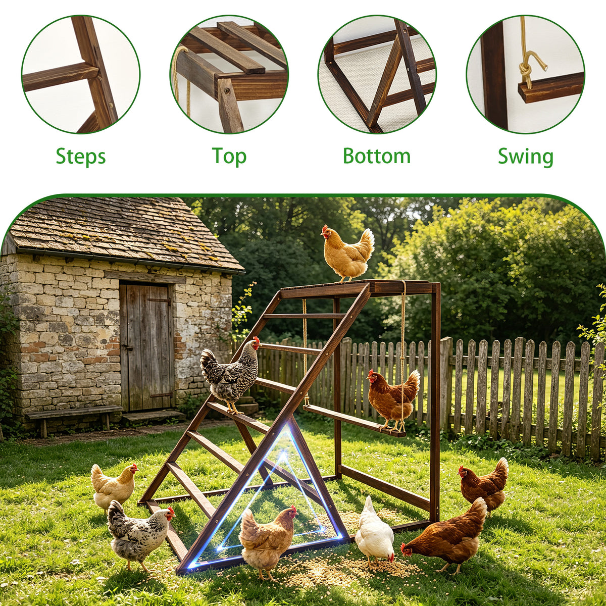 Chicken Playground with Top Platform, Wooden Roosting Bar for Poultry, 36 in Tall Jungle Gym with Balance Swing, Sanded Pine Perches for Backyard Farm Coop