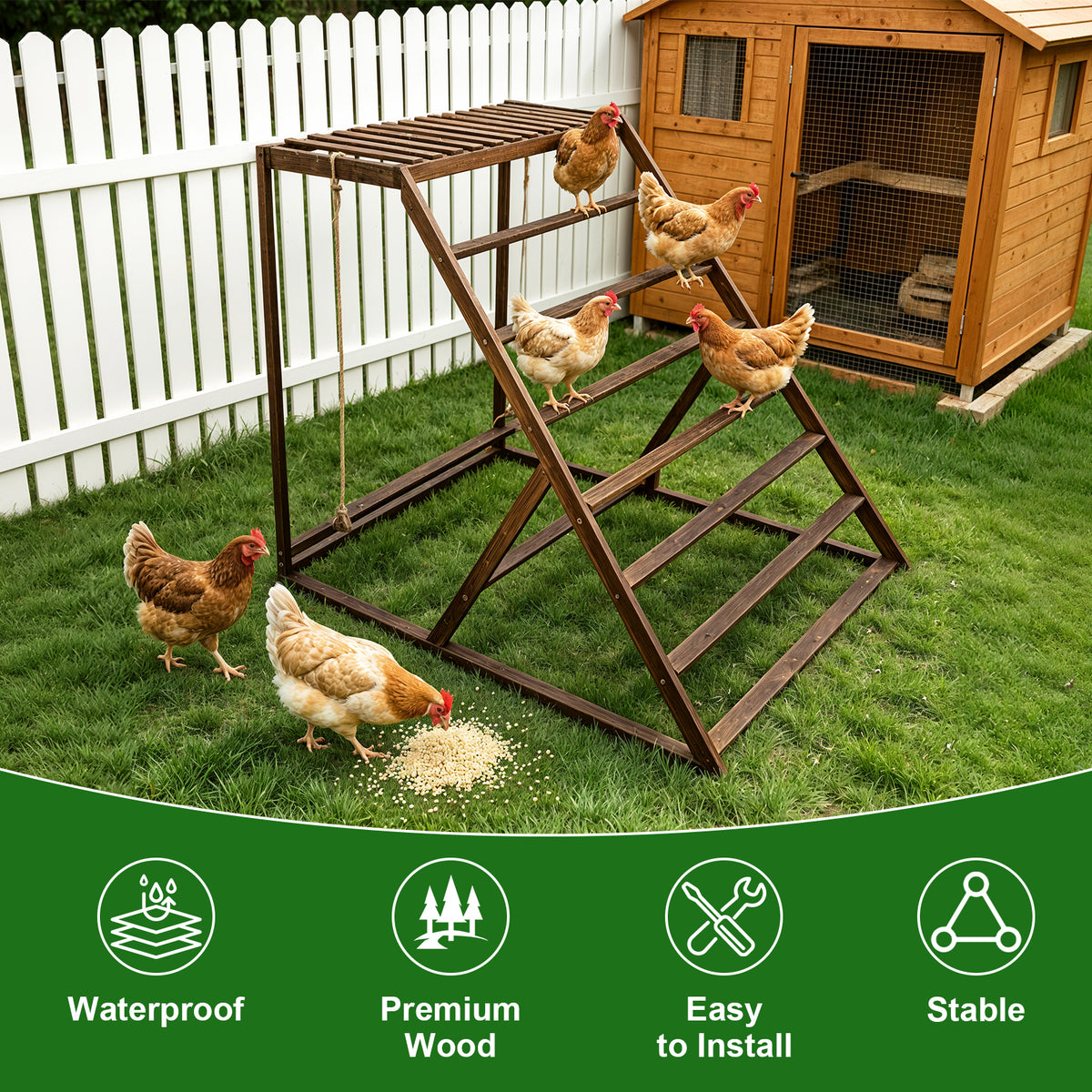 Chicken Playground with Top Platform, Wooden Roosting Bar for Poultry, 36 in Tall Jungle Gym with Balance Swing, Sanded Pine Perches for Backyard Farm Coop