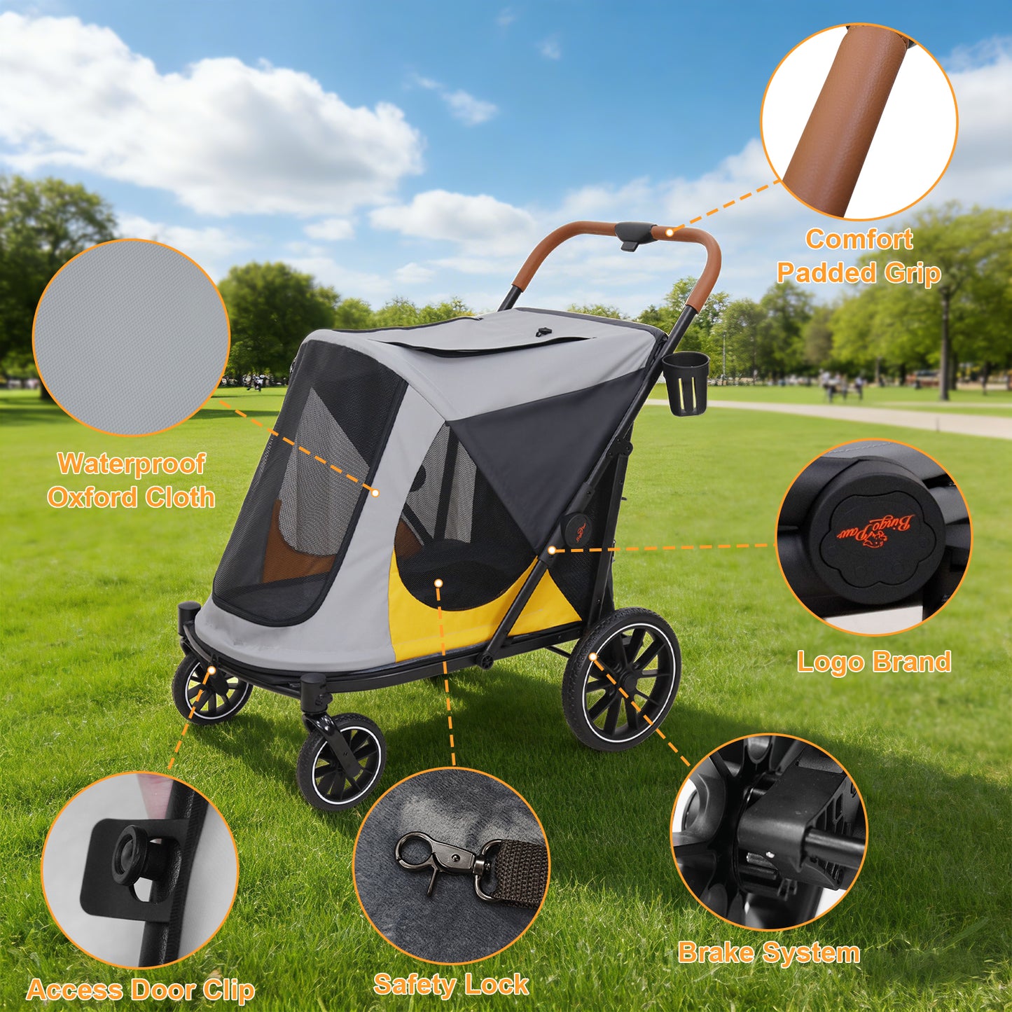 Dog Stroller for Medium Dogs up to 42kg, One Click Folding Pet Stroller with Zipper Door, Breathable Mesh, EVA 360° Wheels, Storage Bag, Brak