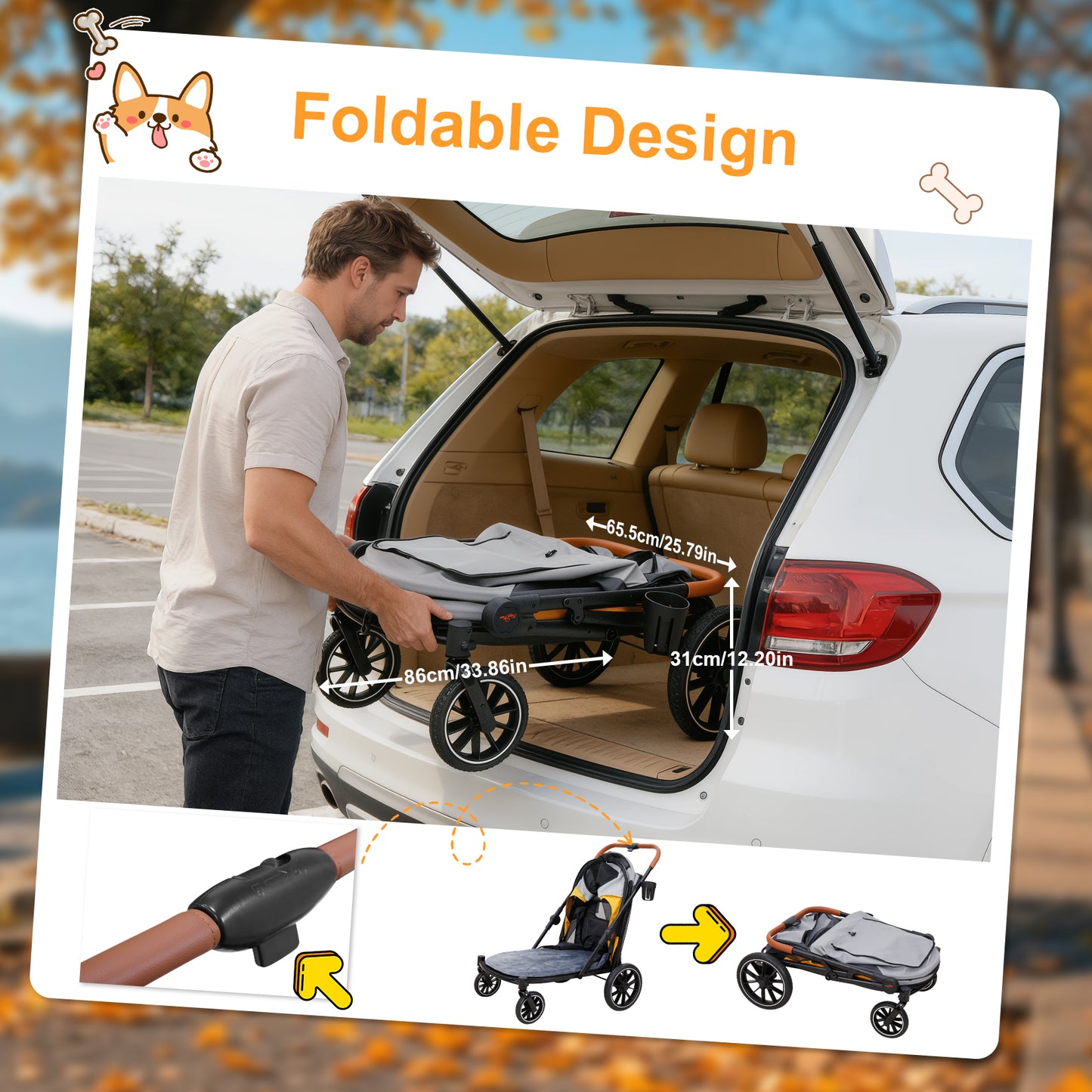 Dog Stroller for Medium Dogs up to 42kg, One Click Folding Pet Stroller with Zipper Door, Breathable Mesh, EVA 360° Wheels, Storage Bag, Brak