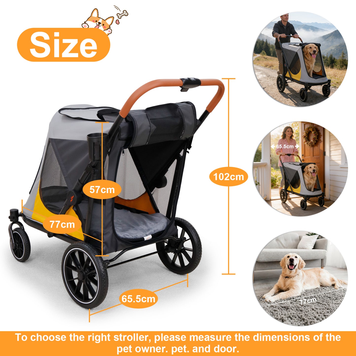 Dog Stroller for Medium Dogs up to 42kg, One Click Folding Pet Stroller with Zipper Door, Breathable Mesh, EVA 360° Wheels, Storage Bag, Brak