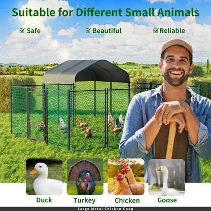 Walk-in Poultry Chicken Coop,Duck Goose Fence with Waterproof and UV Cover,Large Metal Hen House for Outdoor,Farm 12.9x10.2x5.1ft