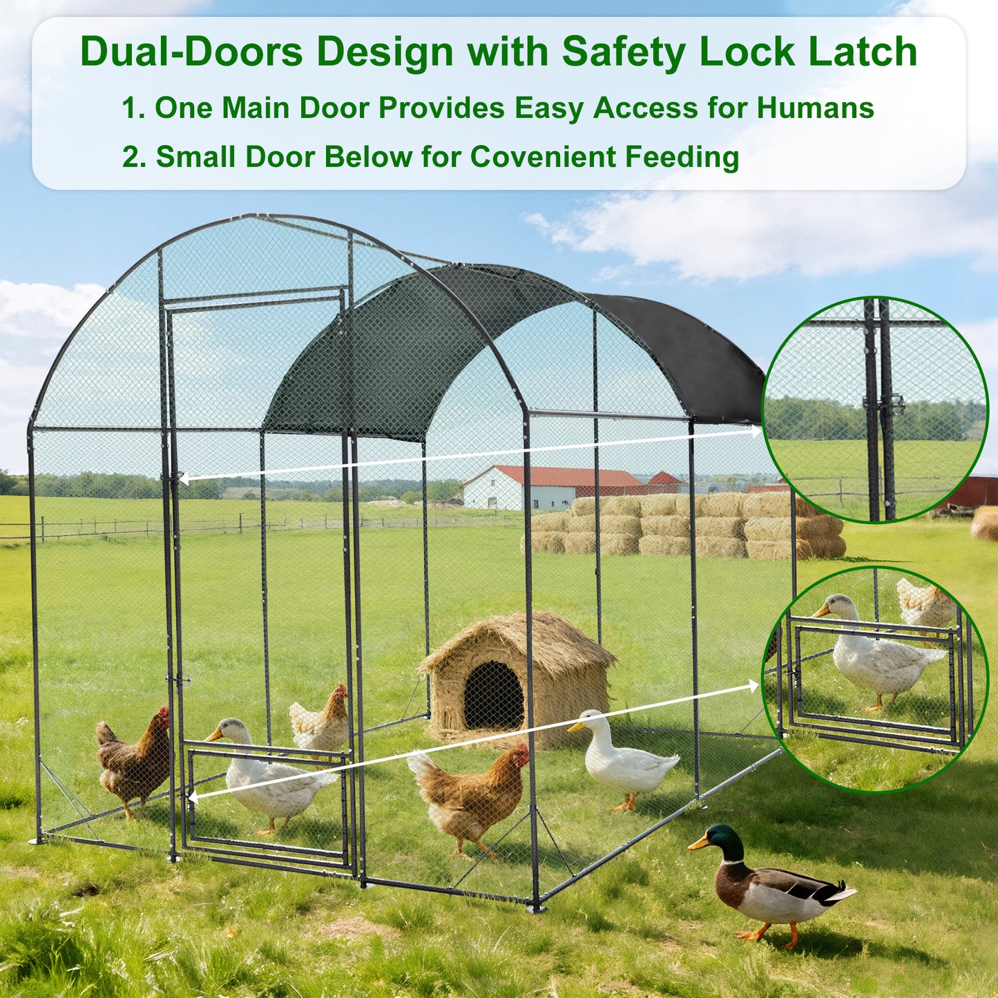 Walk in Chicken Coop Run, Large Metal Chicken Coop with Roof Cover, Outdoor Chicken Pens with Top, Heavy Duty Steel Poultry Enclosure for Backyard Farm