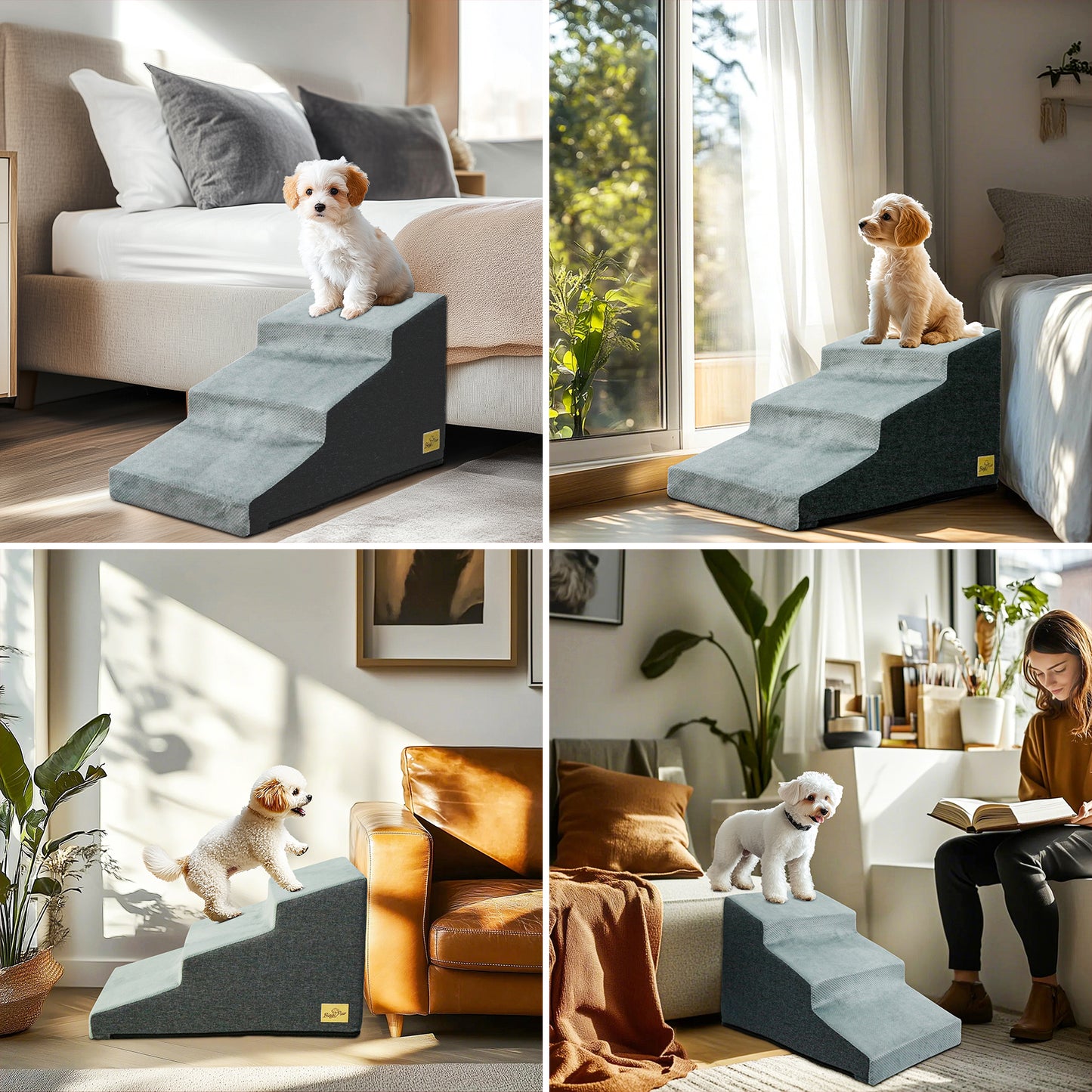 Sponge Dog Stairs for Bed & Sofa, 4 Step Dog Stairs, Dog Bed Steps for High Places, Non-Slip Gray Pet Stairs for Small Dogs