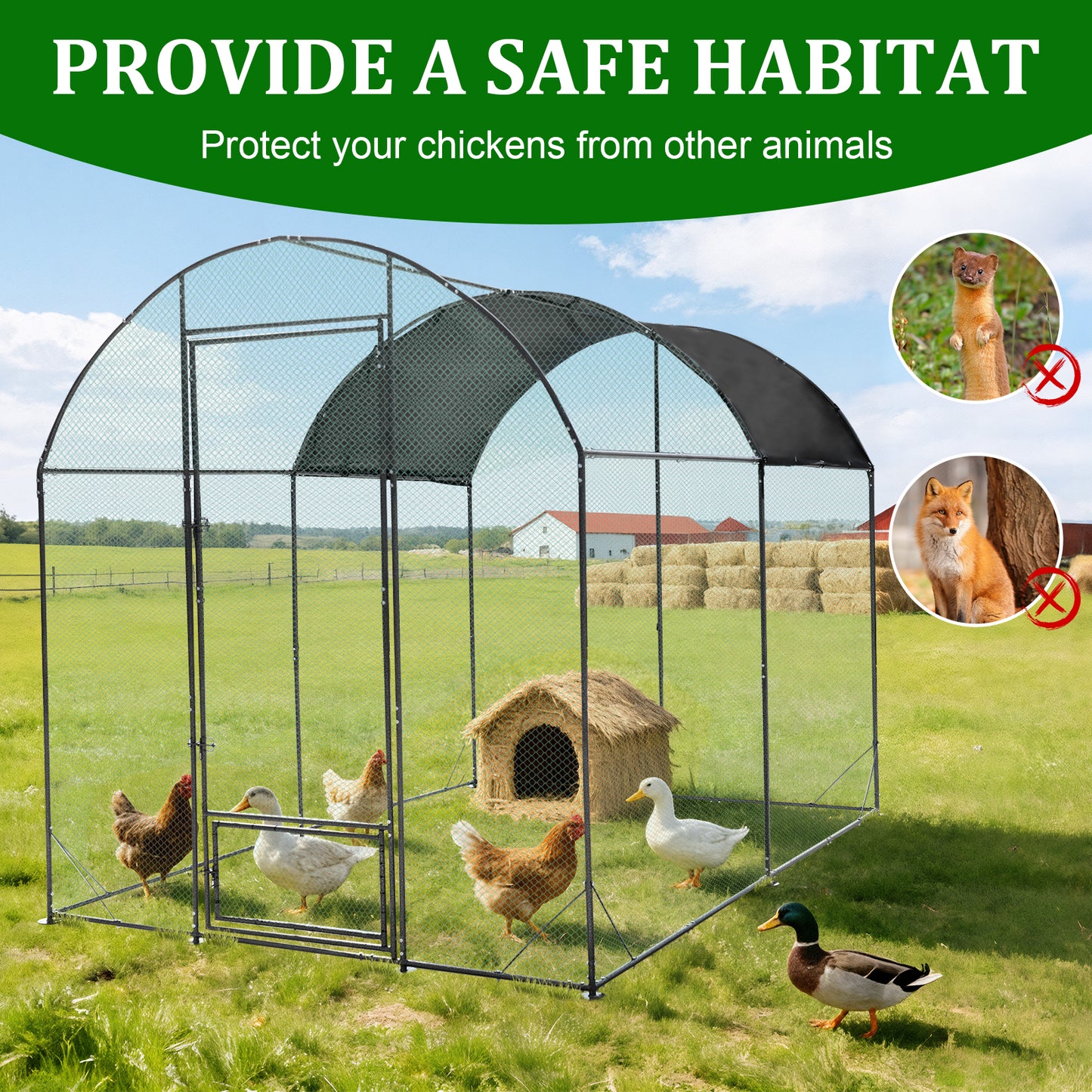 Walk in Chicken Coop Run, Large Metal Chicken Coop with Roof Cover, Outdoor Chicken Pens with Top, Heavy Duty Steel Poultry Enclosure for Backyard Farm