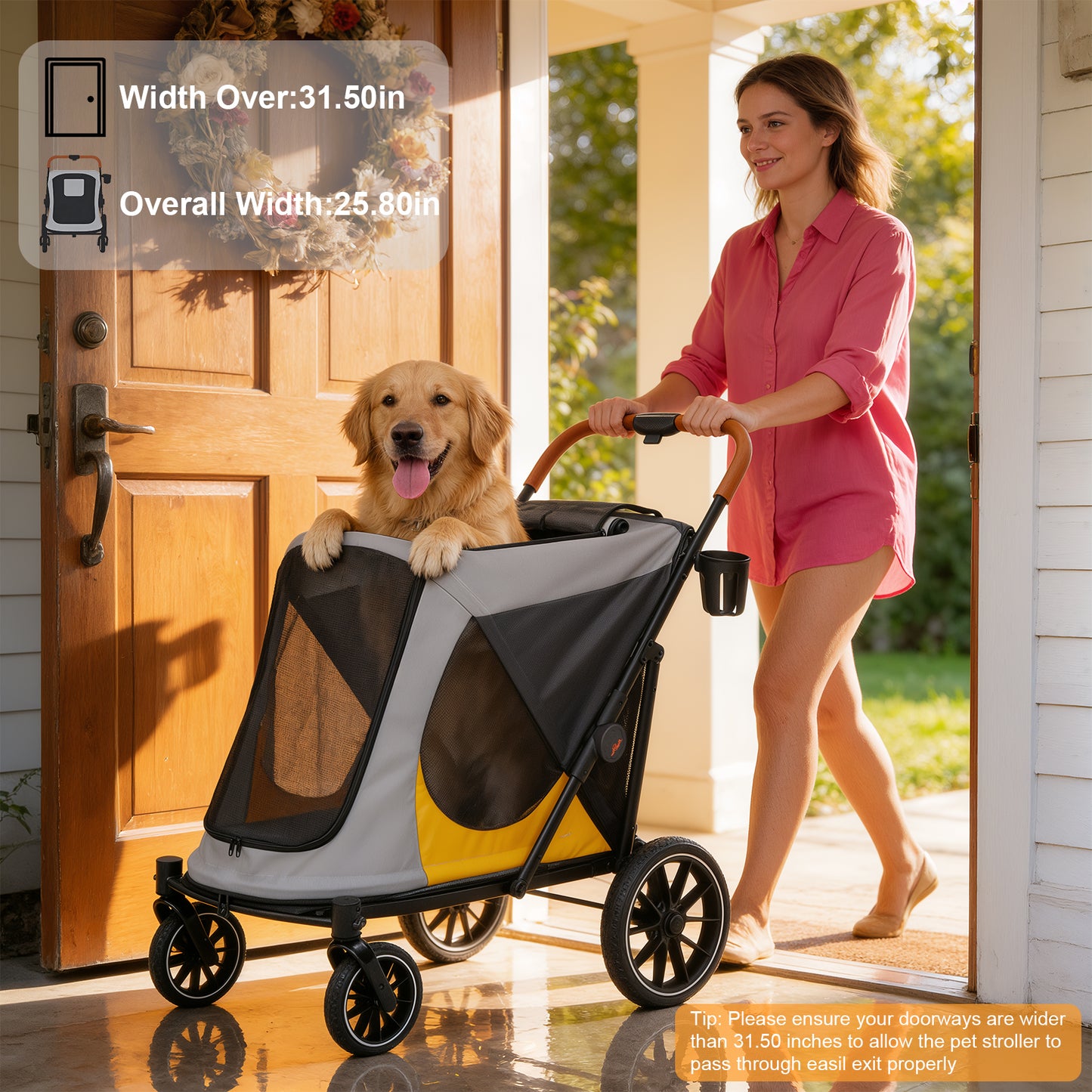 Dog Stroller for Medium Dogs up to 42kg, One Click Folding Pet Stroller with Zipper Door, Breathable Mesh, EVA 360° Wheels, Storage Bag, Brak