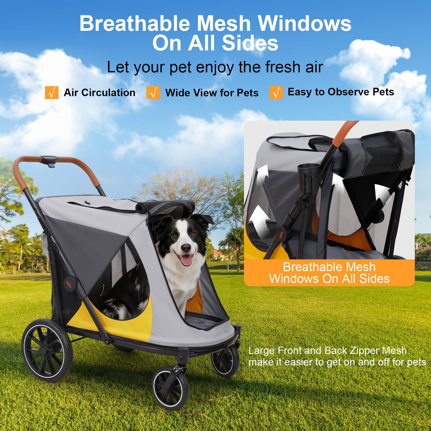 Dog Stroller for Medium Dogs up to 42kg, One Click Folding Pet Stroller with Zipper Door, Breathable Mesh, EVA 360° Wheels, Storage Bag, Brak
