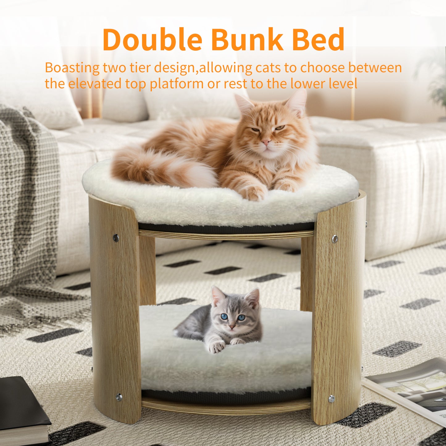 2-Tier Elevated Cat Bed Double Cat Tower Bed for Indoor Cats, Thicker Plush Mats
