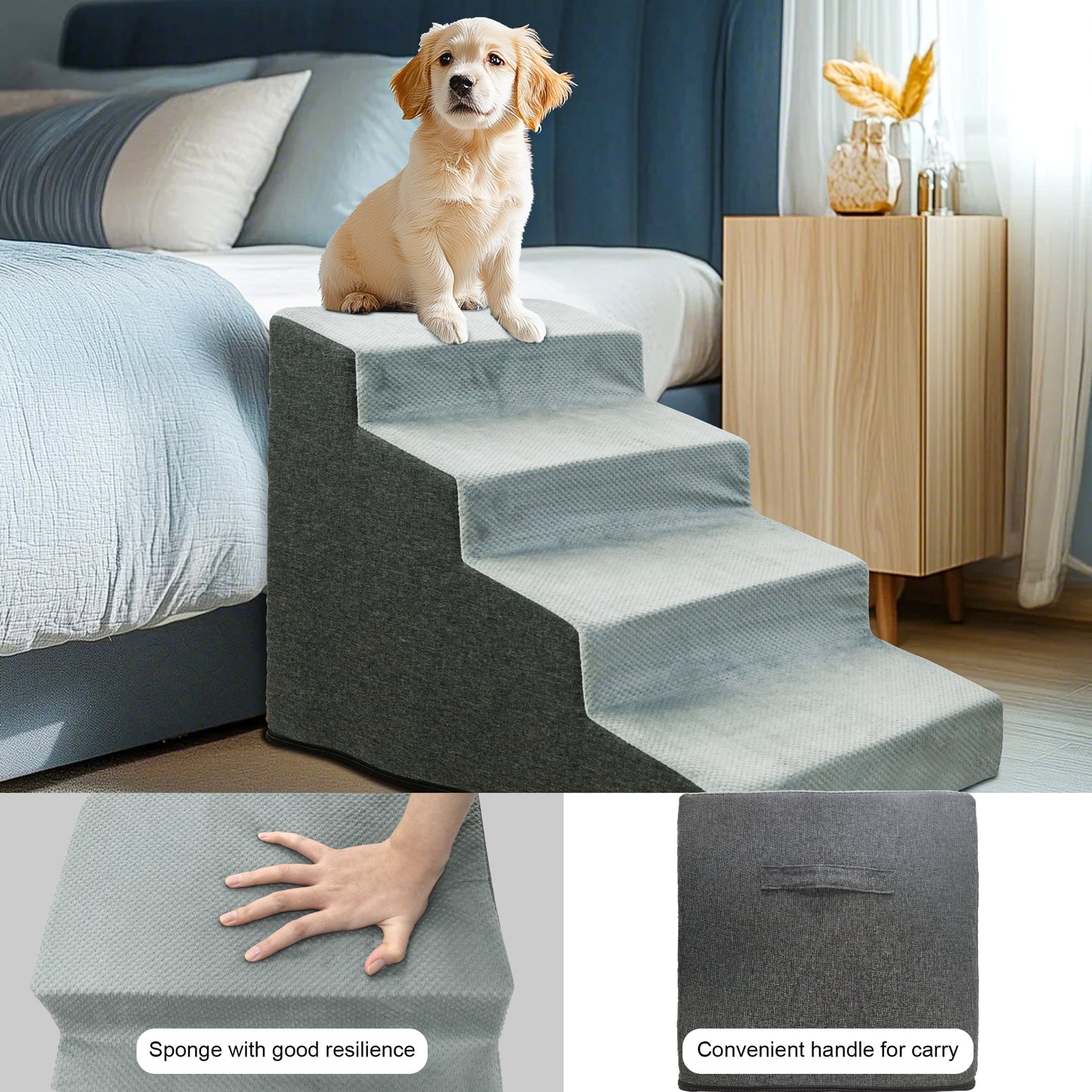 Sponge Dog Stairs for Bed & Sofa, 4 Step Dog Stairs, Dog Bed Steps for High Places, Non-Slip Gray Pet Stairs for Small Dogs