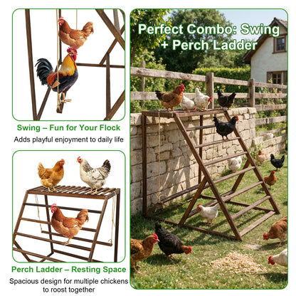 Chicken Playground with Top Platform, Wooden Roosting Bar for Poultry, 36 in Tall Jungle Gym with Balance Swing, Sanded Pine Perches for Backyard Farm Coop