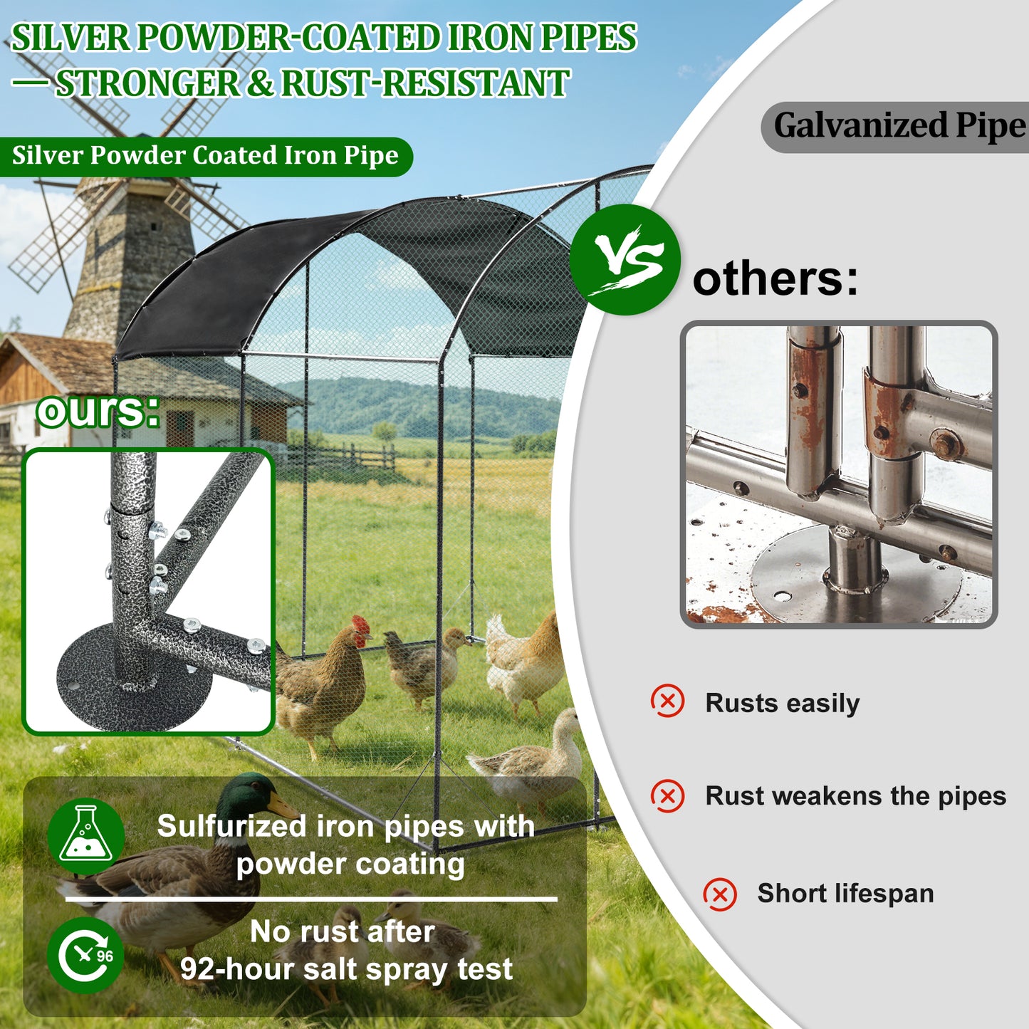 Walk in Chicken Coop Run, Large Metal Chicken Coop with Roof Cover, Outdoor Chicken Pens with Top, Heavy Duty Steel Poultry Enclosure for Backyard Farm
