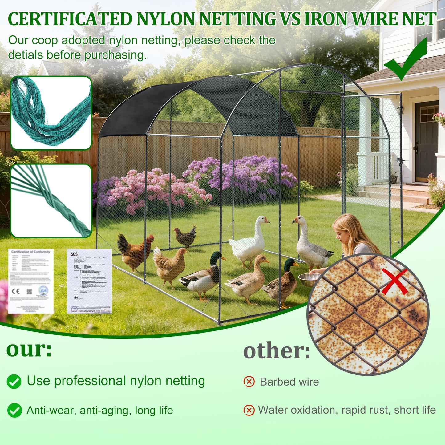 Walk in Chicken Coop Run, Large Metal Chicken Coop with Roof Cover, Outdoor Chicken Pens with Top, Heavy Duty Steel Poultry Enclosure for Backyard Farm