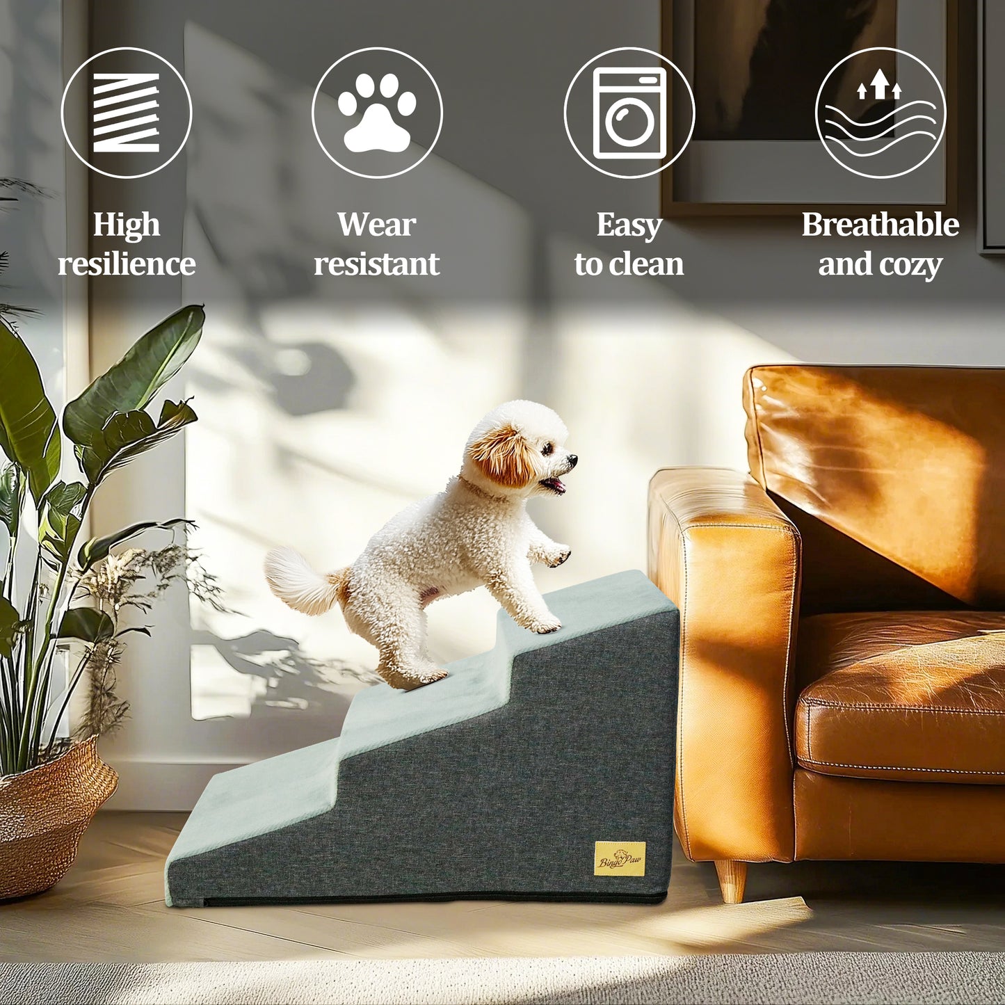 Sponge Dog Stairs for Bed & Sofa, 4 Step Dog Stairs, Dog Bed Steps for High Places, Non-Slip Gray Pet Stairs for Small Dogs