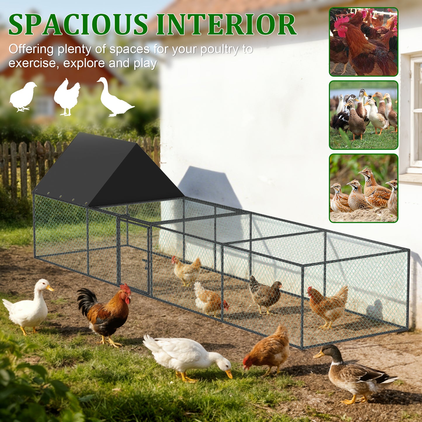 Metal Chicken Coop Outdoor Walk-In Hen House, Small Chicken Cage with Roof Cover, Heavy Duty Poultry Run Pen for Ducks and Quails