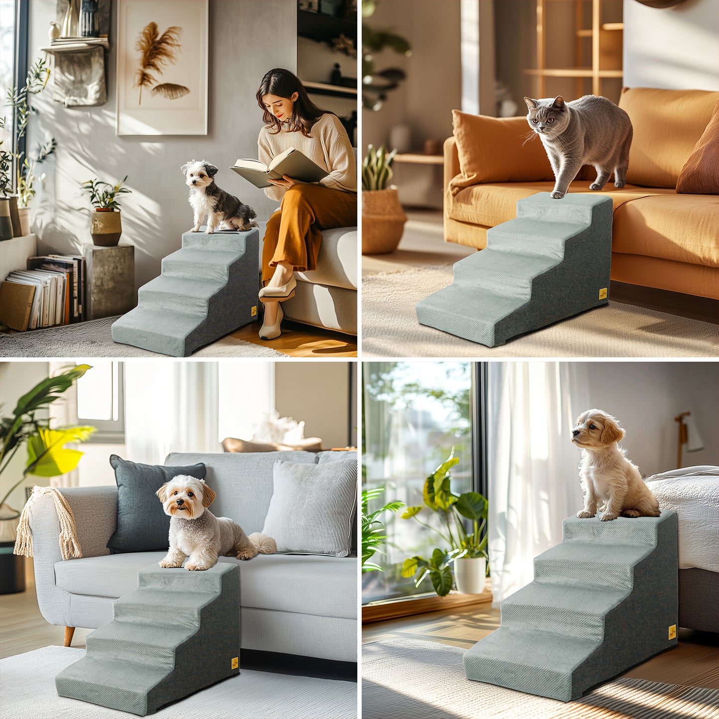 Sponge Dog Stairs for Bed & Sofa, 4 Step Dog Stairs, Dog Bed Steps for High Places, Non-Slip Gray Pet Stairs for Small Dogs