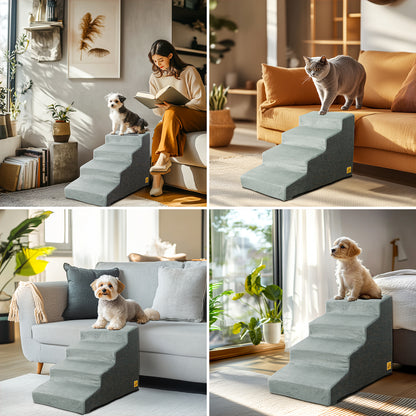 Sponge Dog Stairs for Bed & Sofa, 4 Step Dog Stairs, Dog Bed Steps for High Places, Non-Slip Gray Pet Stairs for Small Dogs