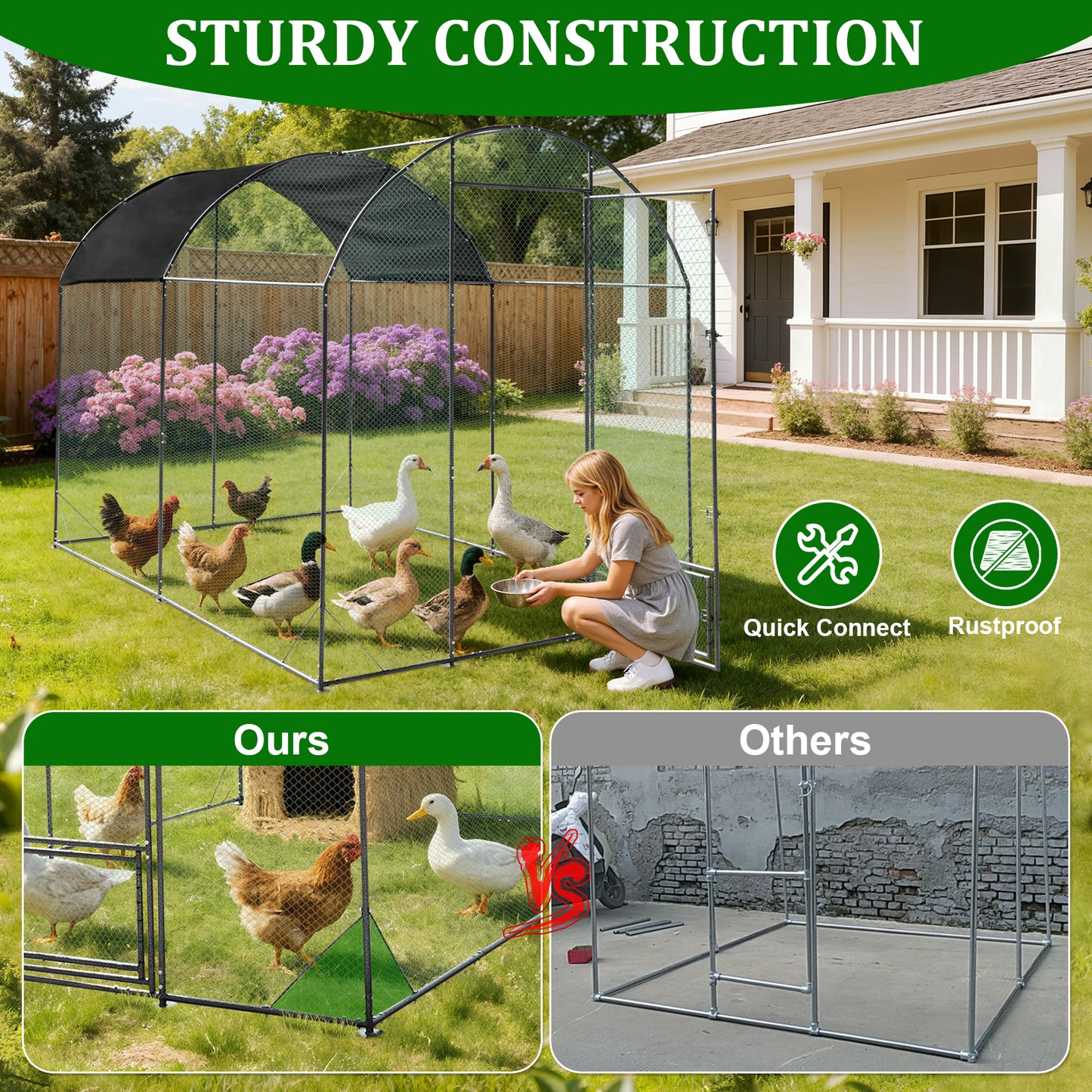 Walk in Chicken Coop Run, Large Metal Chicken Coop with Roof Cover, Outdoor Chicken Pens with Top, Heavy Duty Steel Poultry Enclosure for Backyard Farm